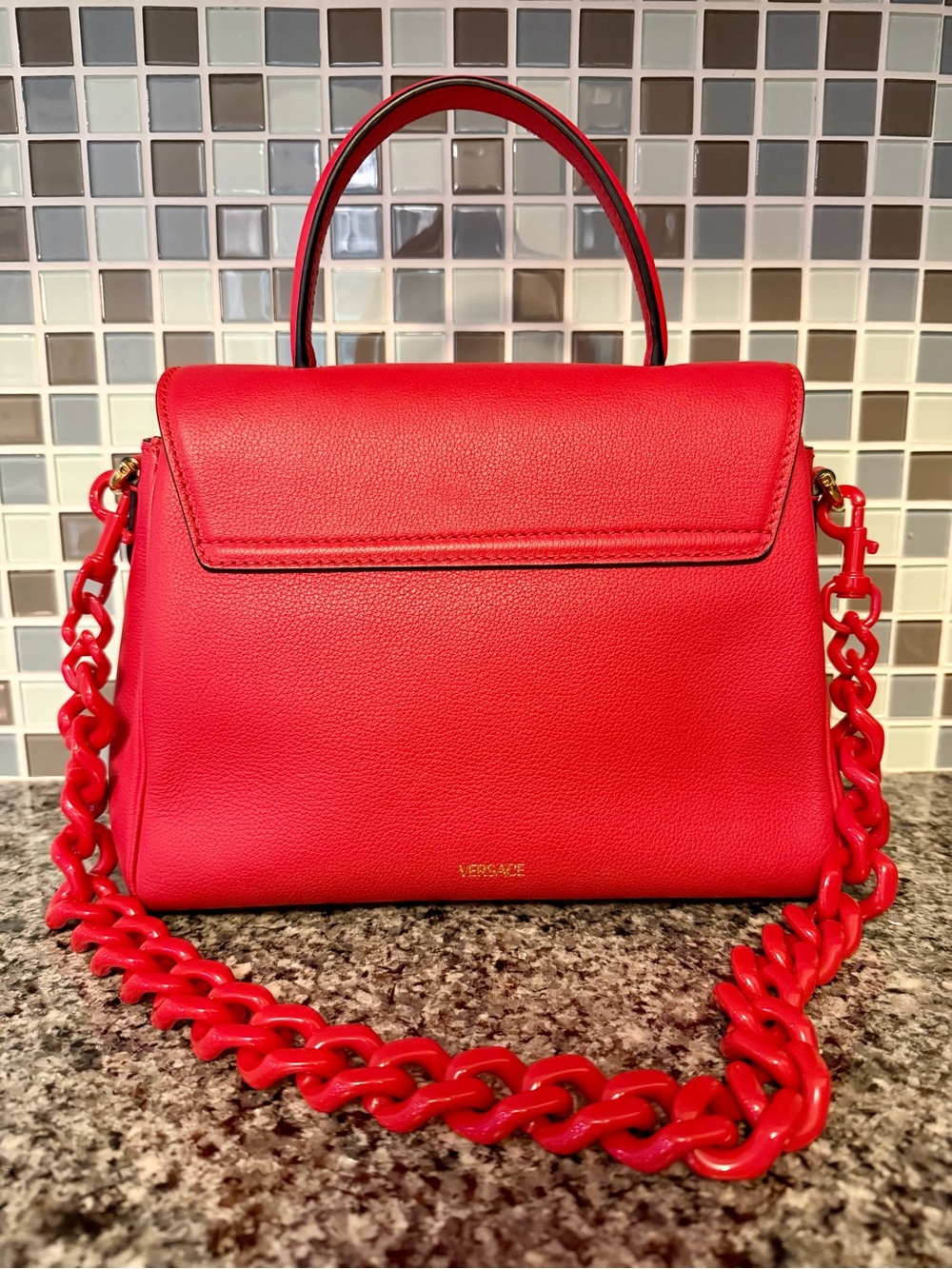 Versace Bright Red Leather Top-Handle Satchel with Chain Strap - Picture 2 of 11